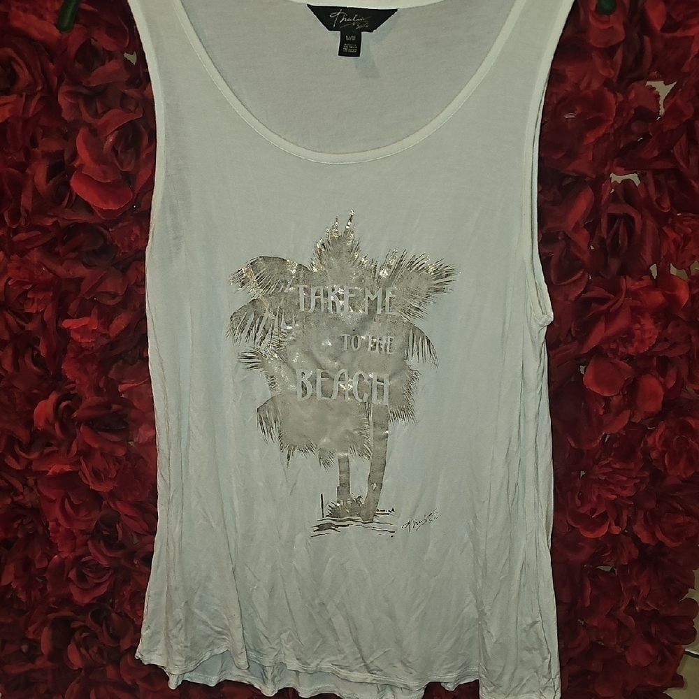 Thaloa Sodi Women's White Palm Tree Graphic Flowy Tank Top Size Medium
